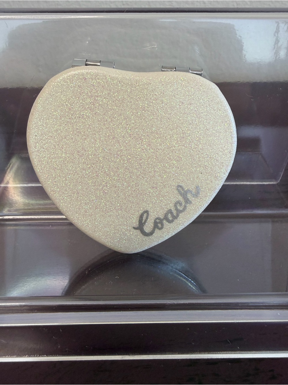 COACH Heart-Shaped Compact Mirror in Sparkling White/Silver